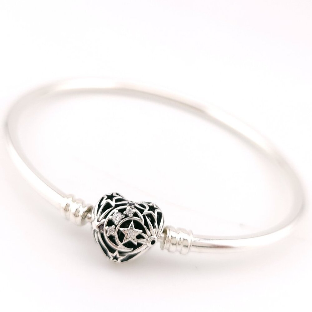 Authentic PANDORA Sterling Silver Heart Moments Star Moon 6.5IN Bangle 590009C01